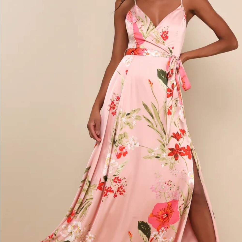 Lulus Still the One Blush Pink Floral Satin Maxi Dress size Medium